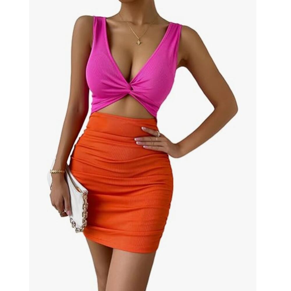 Verdusa Pink And Orange Cut Out Fitted Dress With Ruching On Sides Size XL NWT